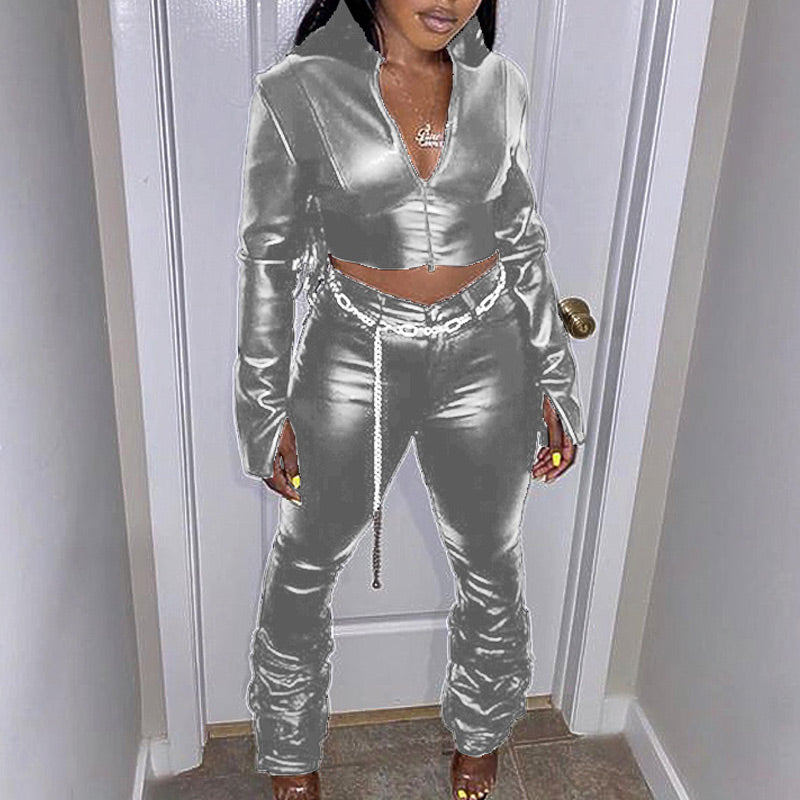 PU Leather Zipper Design Top & Stacket Pants Set