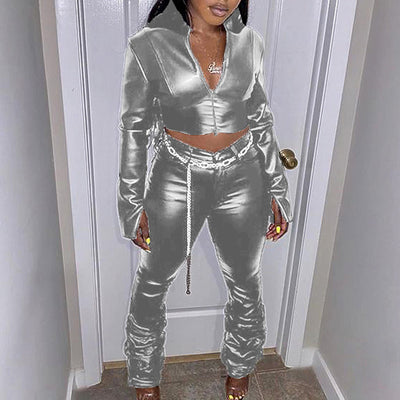 PU Leather Zipper Design Top & Stacket Pants Set