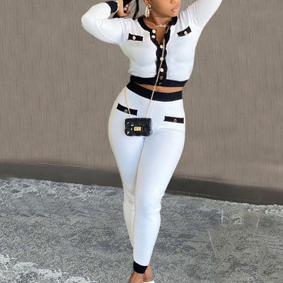 Colorblock Button Detailed Long Sleeve Top & Pants Set
