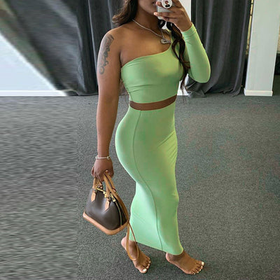 Solid Oblique Shoulder Long Sleeve Skirt Set