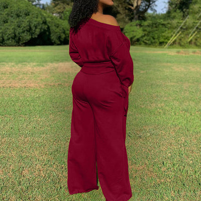 Solid One Shoulder Long Sleeve Pants Set