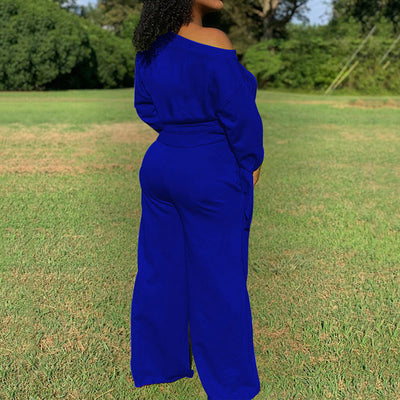 Solid One Shoulder Long Sleeve Pants Set