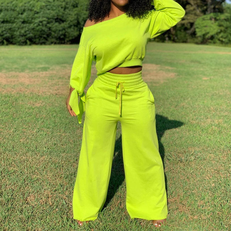 Solid One Shoulder Long Sleeve Pants Set