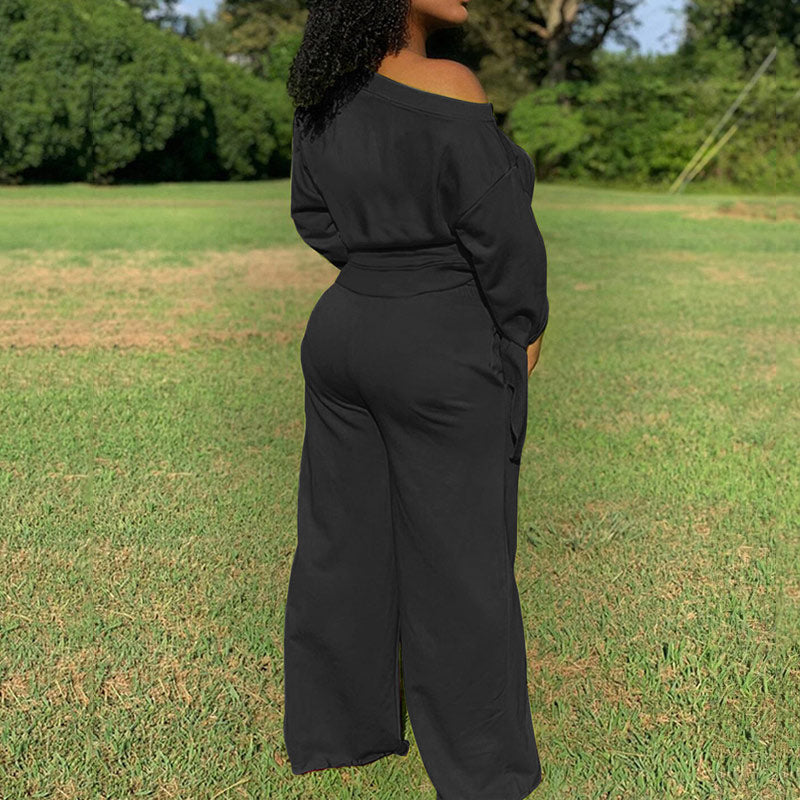 Solid One Shoulder Long Sleeve Pants Set