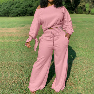 Solid One Shoulder Long Sleeve Pants Set