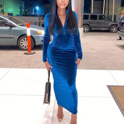 Solid Velvet Zipper Design Long Sleeve Dress