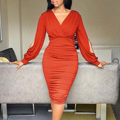Solid V-Neck Slit Sleeve Bodycon Dress