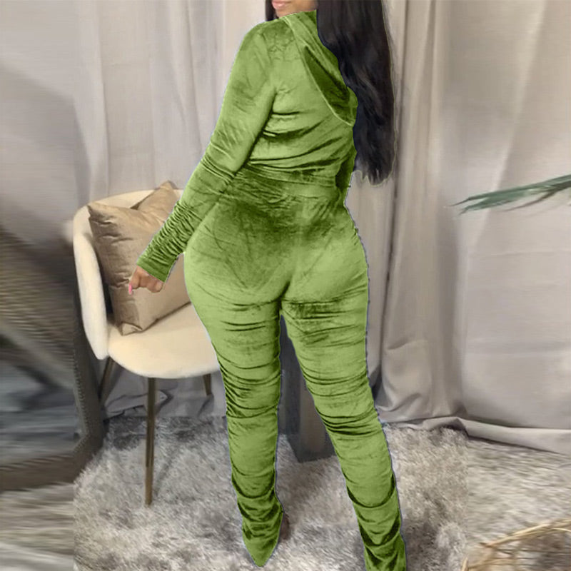 Solid Zipper Detail Pleated Design Crop Top & Pants Set