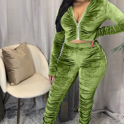 Solid Zipper Detail Pleated Design Crop Top & Pants Set