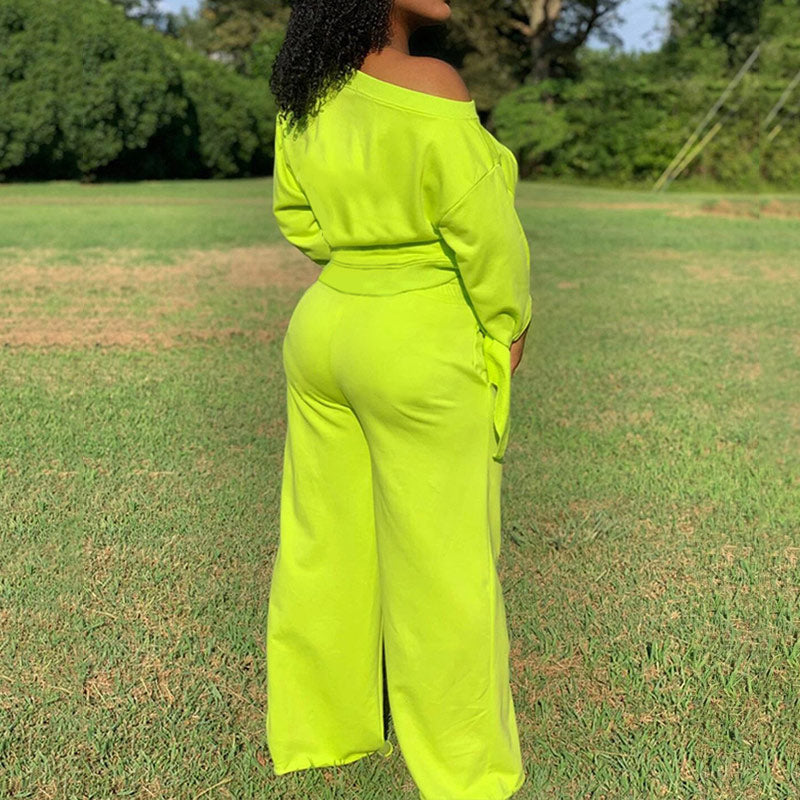 Solid One Shoulder Long Sleeve Pants Set