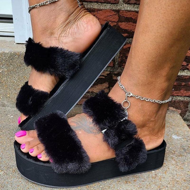 Fluffy Buckle Decoration Platform Slippers