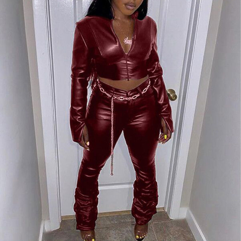 PU Leather Zipper Design Top & Stacket Pants Set