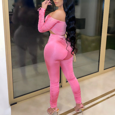 Solid Pleats Off Shoulder Long Sleeve Top & High Waist Pants Set
