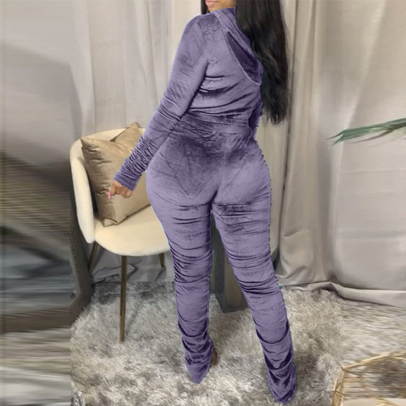 Solid Zipper Detail Pleated Design Crop Top & Pants Set