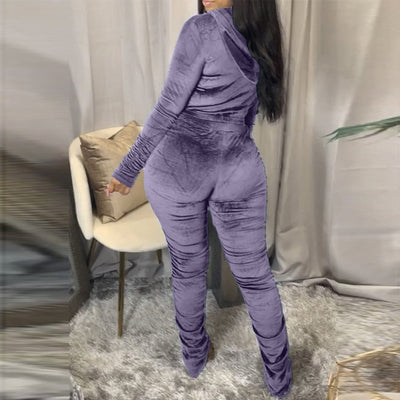 Solid Zipper Detail Pleated Design Crop Top & Pants Set
