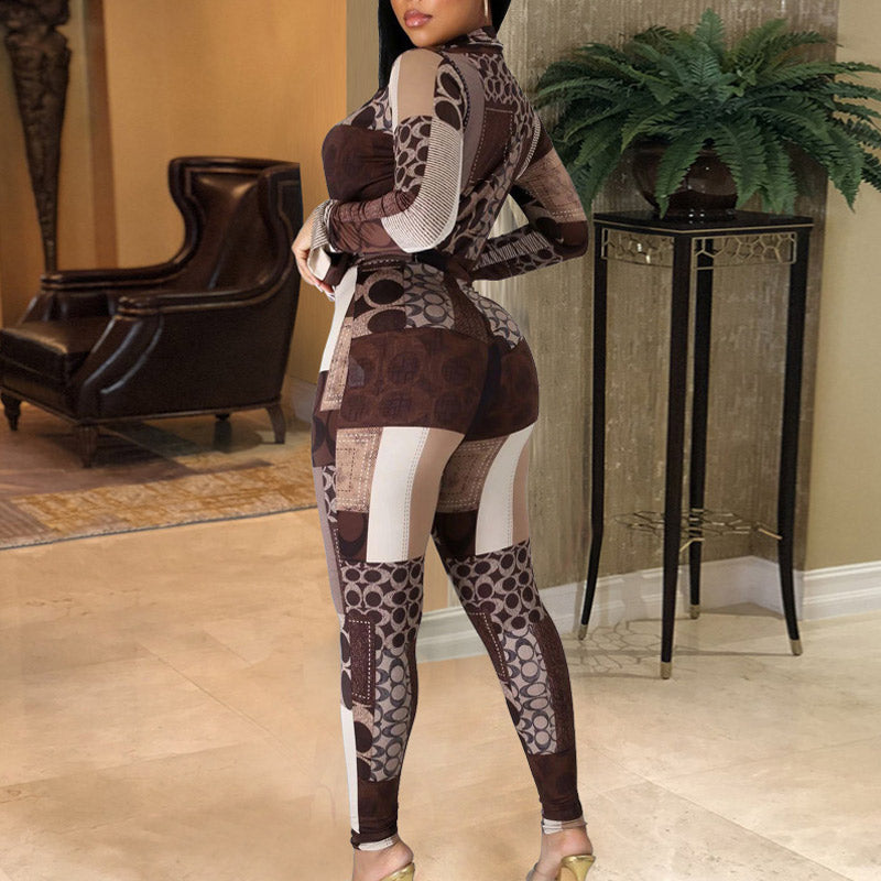 Geometric Print Deep V-Neck Long Sleeve Two Piece Set