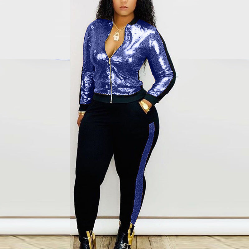 Colorblock Sequins Zipper Design Jacket & Pants Set