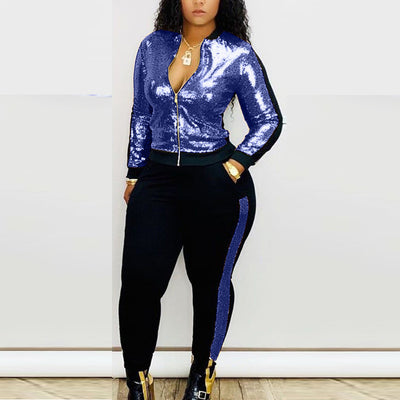 Colorblock Sequins Zipper Design Jacket & Pants Set