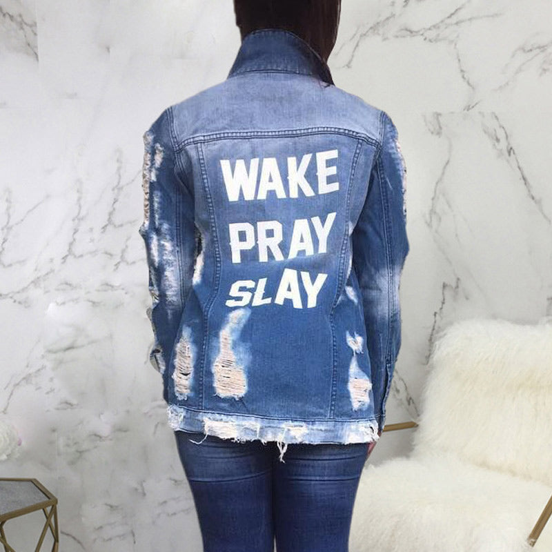 Denim Letter Print Cutout Button Pocket Design Coat