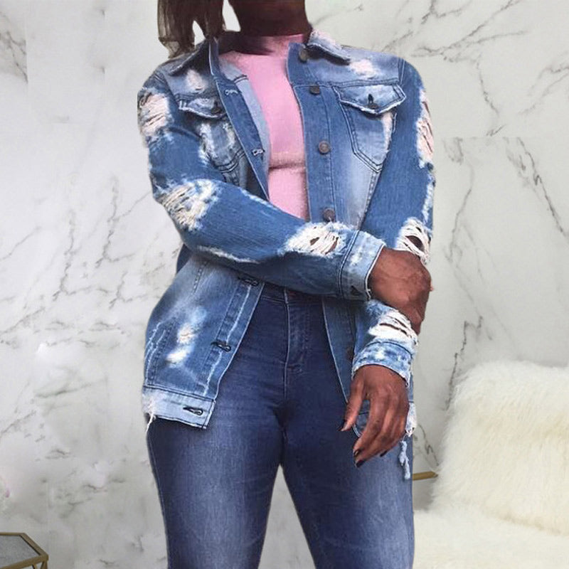 Denim Letter Print Cutout Button Pocket Design Coat