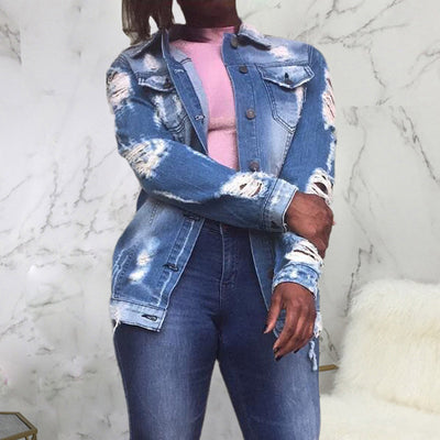 Denim Letter Print Cutout Button Pocket Design Coat