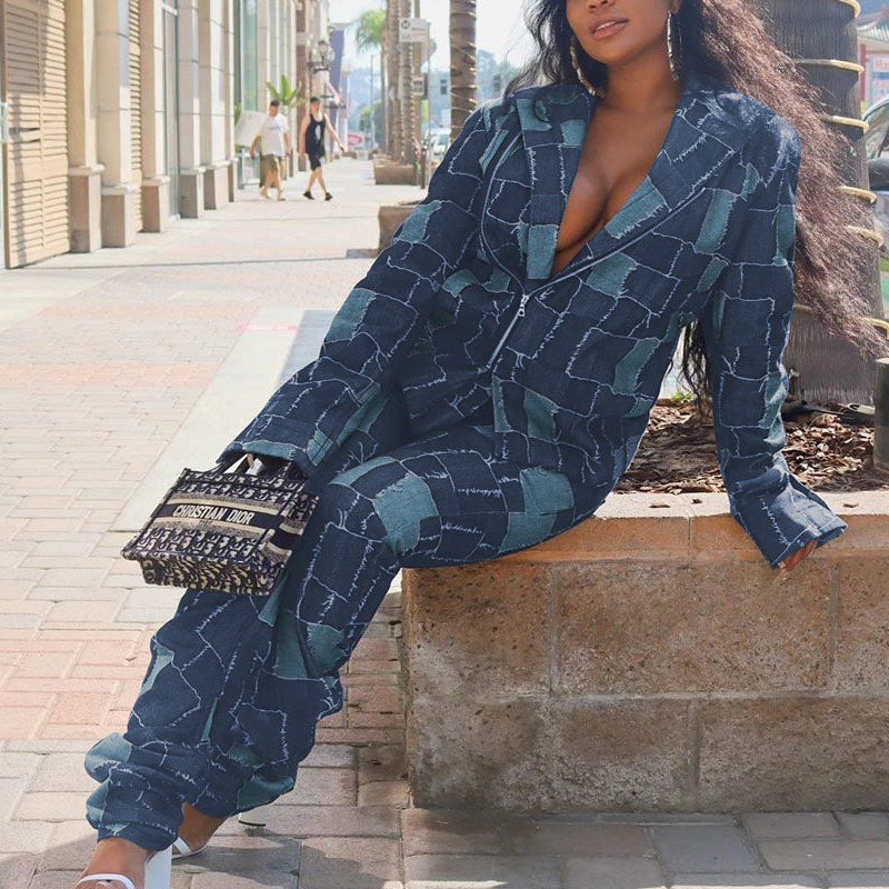 Colorblock Turn-Down Neck Long Sleeve Two Piece Set