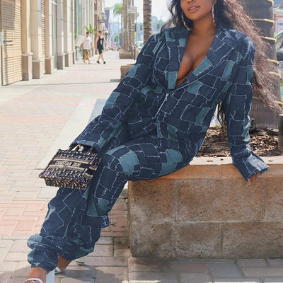 Colorblock Turn-Down Neck Long Sleeve Two Piece Set