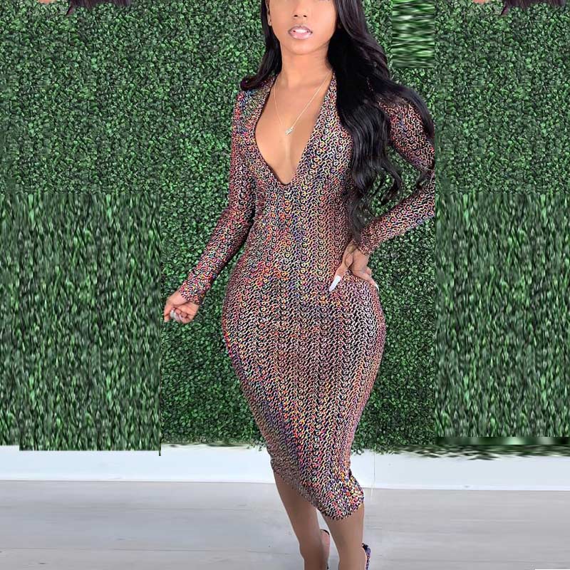Print Deep V-Neck Long Sleeve Bodycon Dress