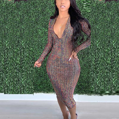 Print Deep V-Neck Long Sleeve Bodycon Dress
