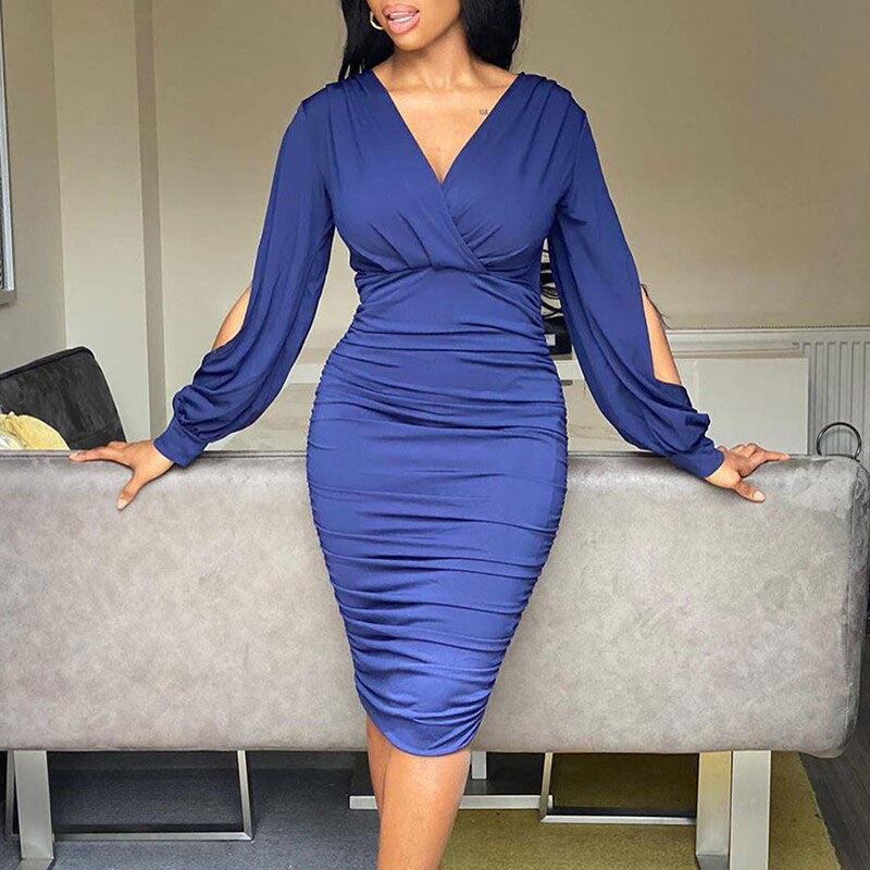 Solid V-Neck Slit Sleeve Bodycon Dress