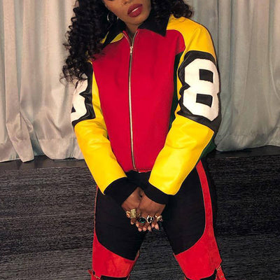 Colorblock Letter Print Zipper Design Jacket Coat