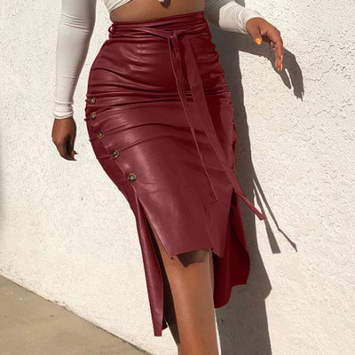 PU Leather Drawstring Button Design High Waist Split Skirt