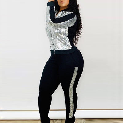 Colorblock Sequins Zipper Design Jacket & Pants Set