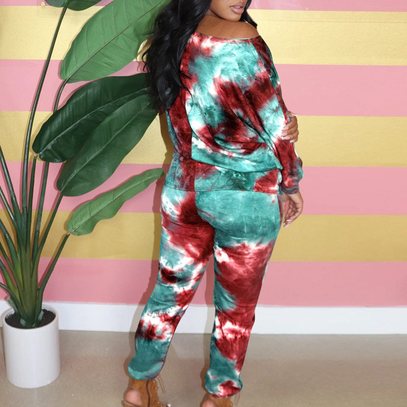 One Shoulder Tie Dye Long Sleeve Top & Pants Set
