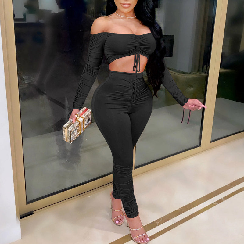 Solid Pleats Off Shoulder Long Sleeve Top & High Waist Pants Set