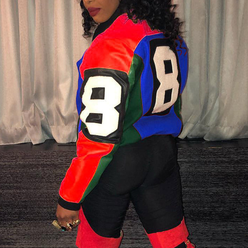 Colorblock Letter Print Zipper Design Jacket Coat