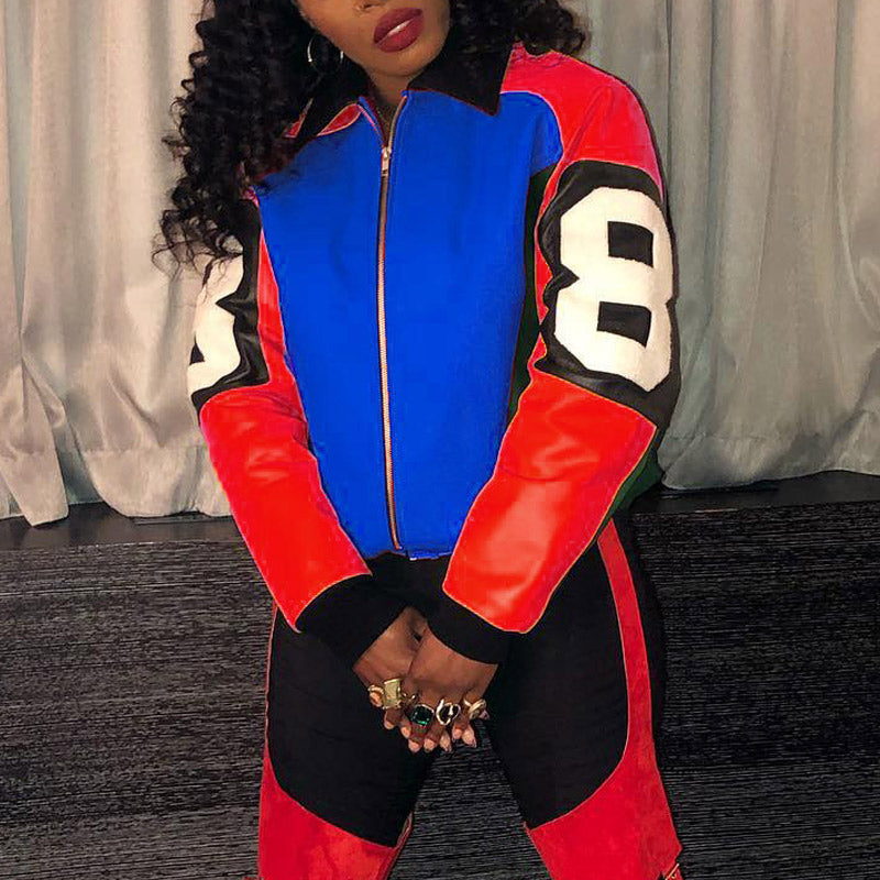 Colorblock Letter Print Zipper Design Jacket Coat
