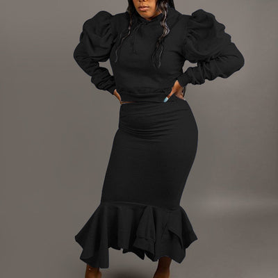 Solid Puff Sleeve Top & Ruffle Skirt Set