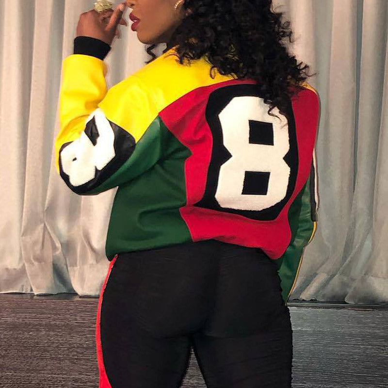 Colorblock Letter Print Zipper Design Jacket Coat
