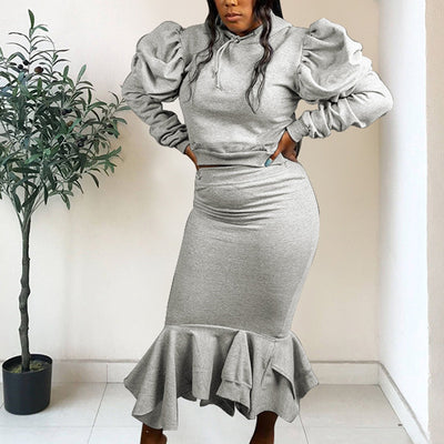 Solid Puff Sleeve Top & Ruffle Skirt Set