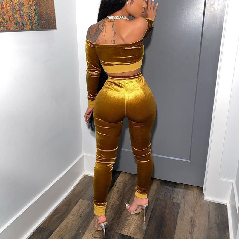 Solid Off Shoulder Zipper Design Pants Set