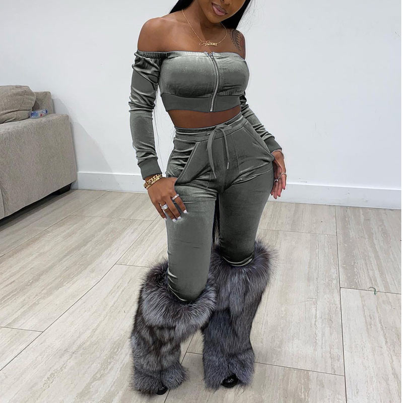 Solid Off Shoulder Zipper Design Pants Set