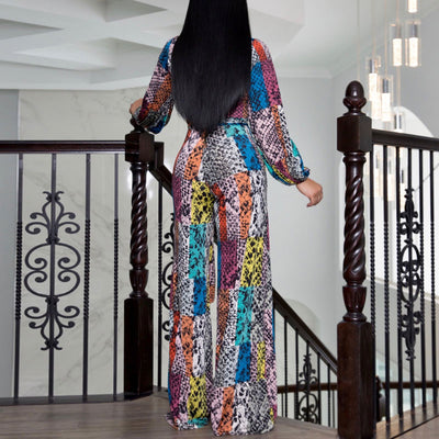 Print Deep V-Neck Long Sleeve Wide Leg Jumpsuit