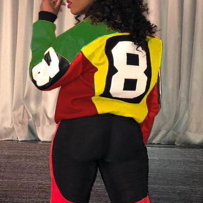 Colorblock Letter Print Zipper Design Jacket Coat