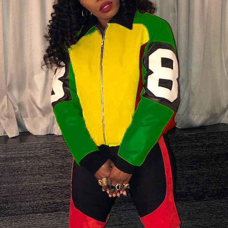 Colorblock Letter Print Zipper Design Jacket Coat