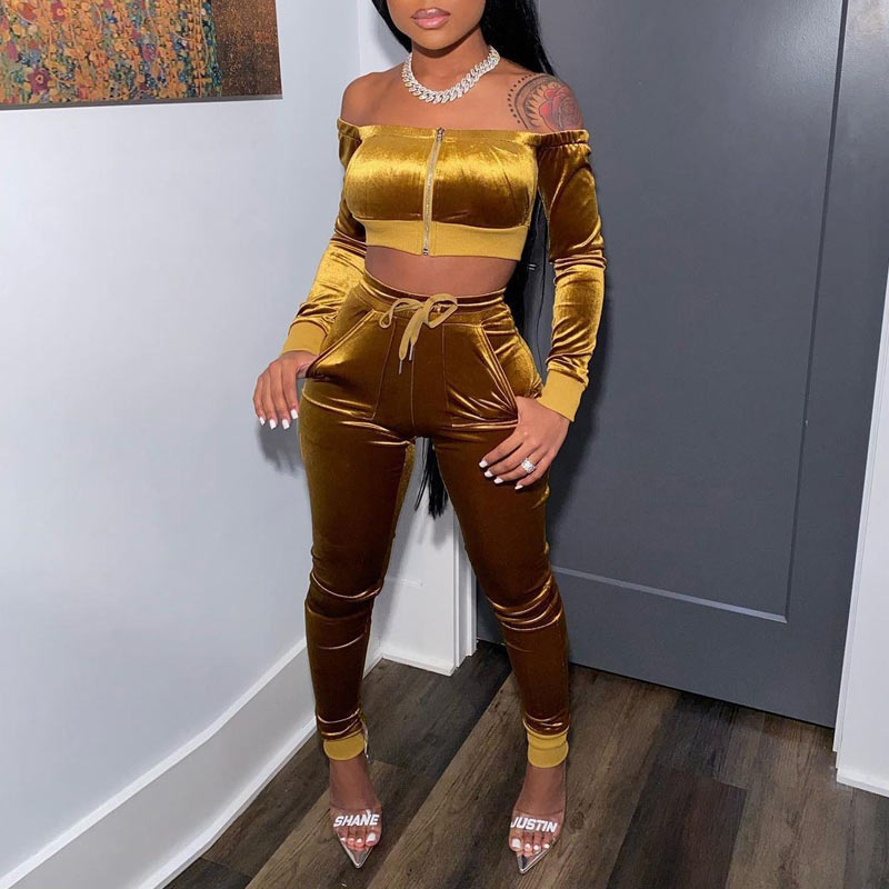 Solid Off Shoulder Zipper Design Pants Set