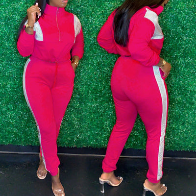 Colorblock Zipper Design Turtleneck Top & Pants Set