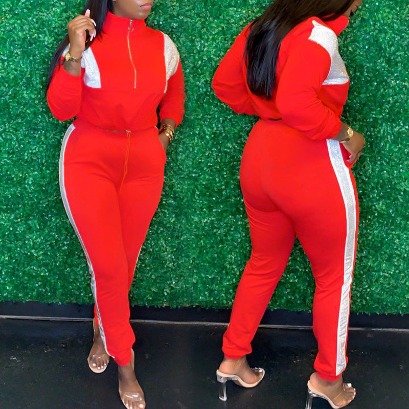 Colorblock Zipper Design Turtleneck Top & Pants Set