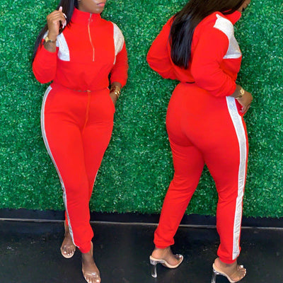 Colorblock Zipper Design Turtleneck Top & Pants Set