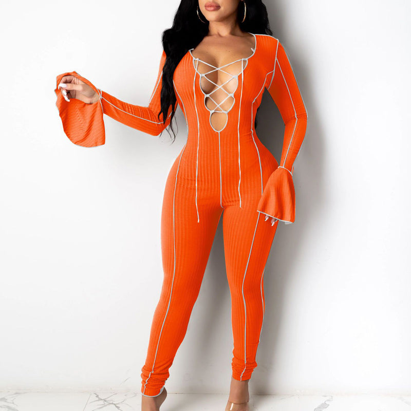 Solid Lace-Up Flared Long Sleeve Jumpsuit